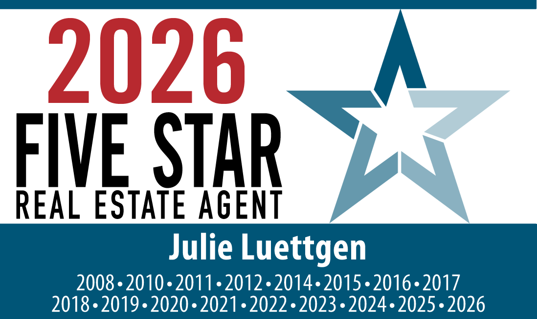 2026 Five Star Real Estate Agent award badge with blue star and name Julie Nuetegen