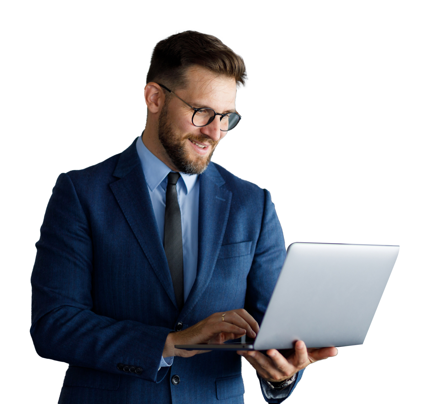 Man in suit looking at laptop, smiling. Man in suit looking at laptop, smiling.