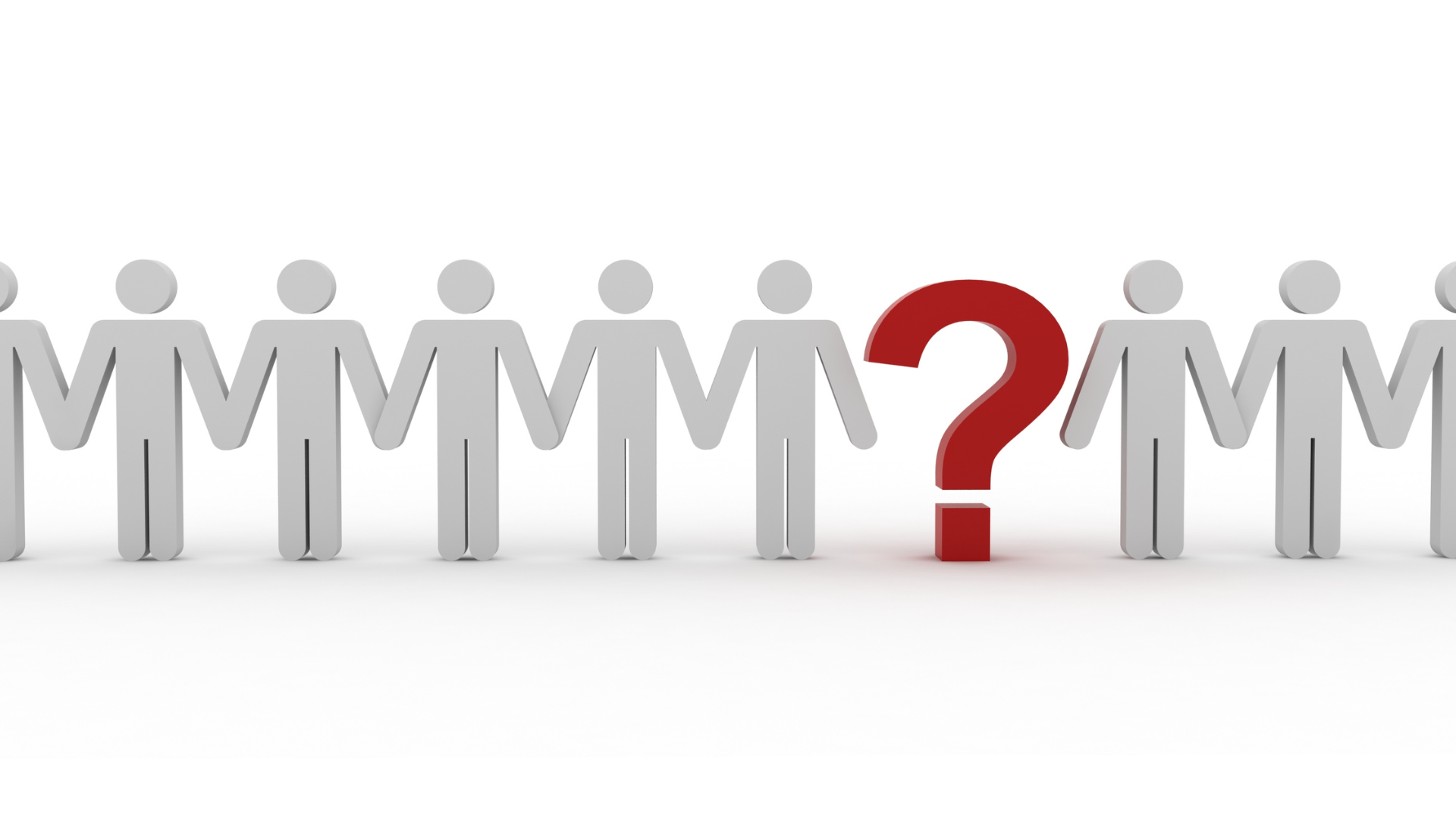 A group of people standing next to each other with a red question mark in the middle.