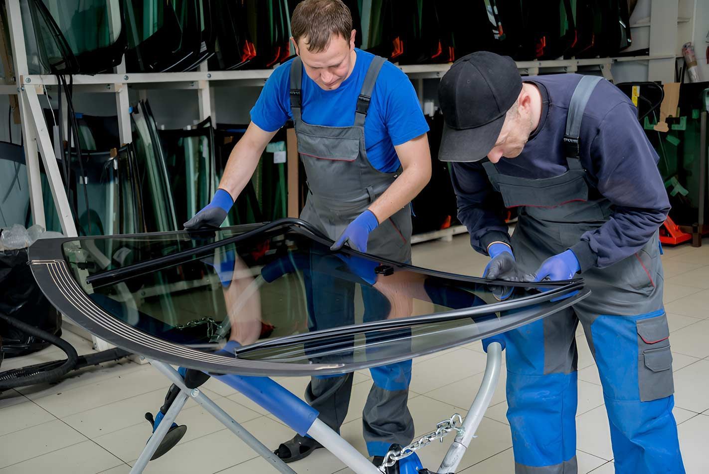 Two Men Are Working On A Windshield In A Garage — Milini's Panel, Paint & Towing in Tully, QLD