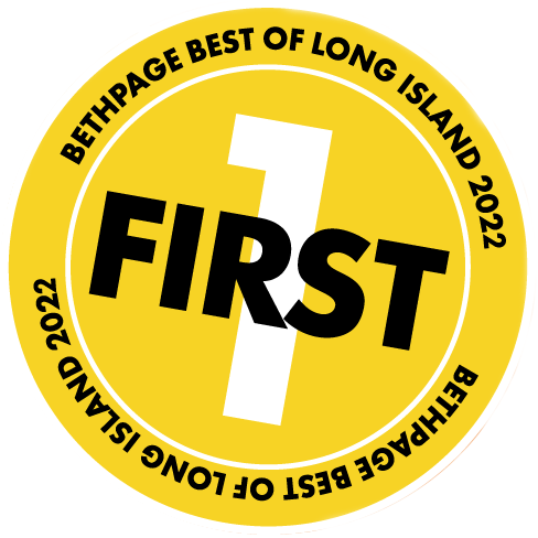A yellow badge that says bethpage best of long island first