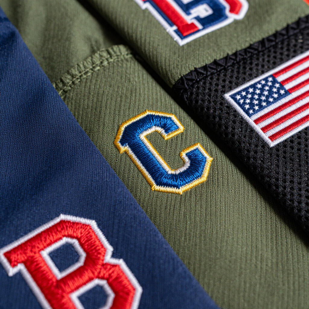 Parches bordados variados en camisas dobladas, incluyendo prendas rojas, azules y verde oliva con letras y una bandera estadounidense.