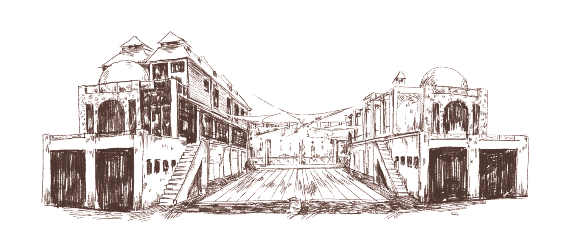 Ink drawing of a multi-tiered building with arched doorways and rounded structures.