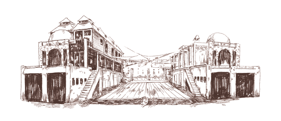Ink drawing of a multi-tiered building with arched doorways and rounded structures.