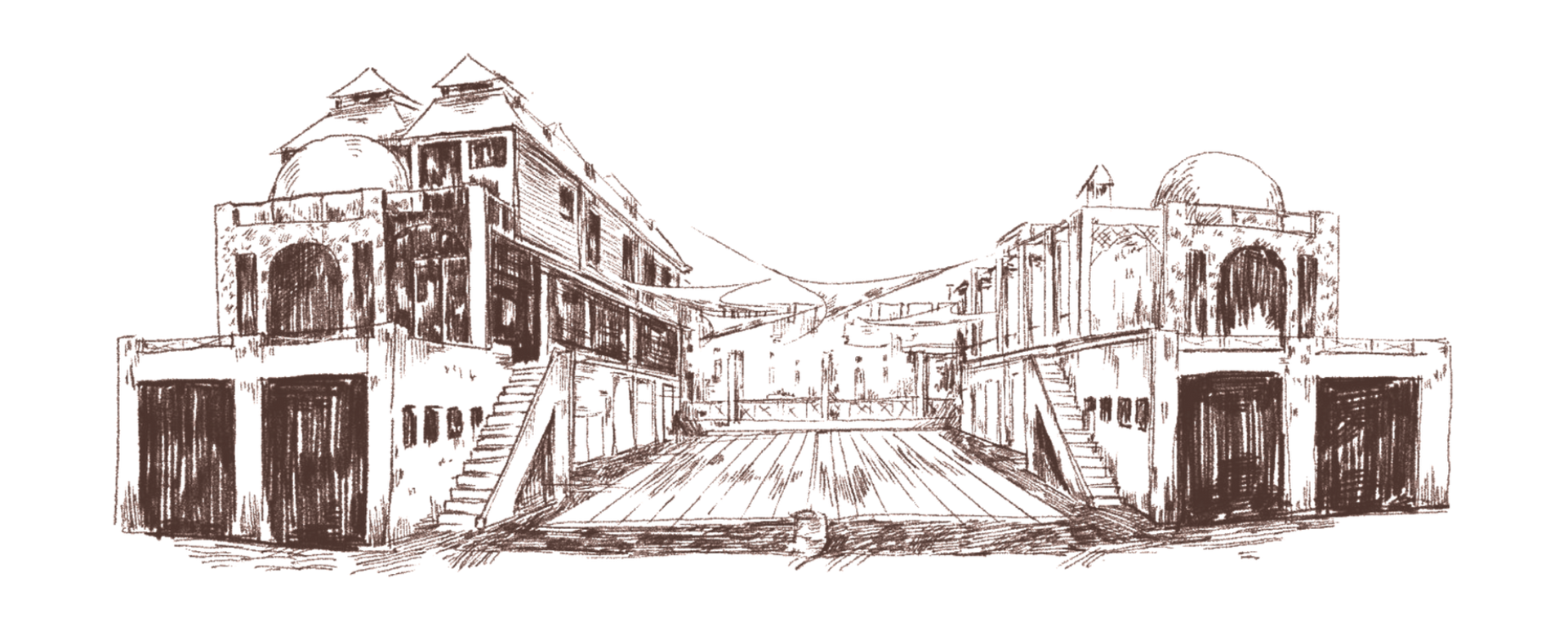 Sketch of a street flanked by buildings with arched entryways and domes.