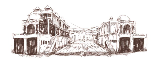 Hand-drawn Moroccan street with arched doorways and domes, from Bubble on the Beach
