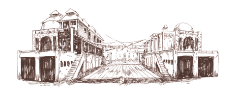 Sketch of a street flanked by buildings with arched entryways and domes.