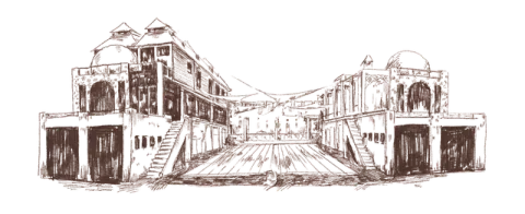 Sketch of a street flanked by buildings with arched entryways and domes.