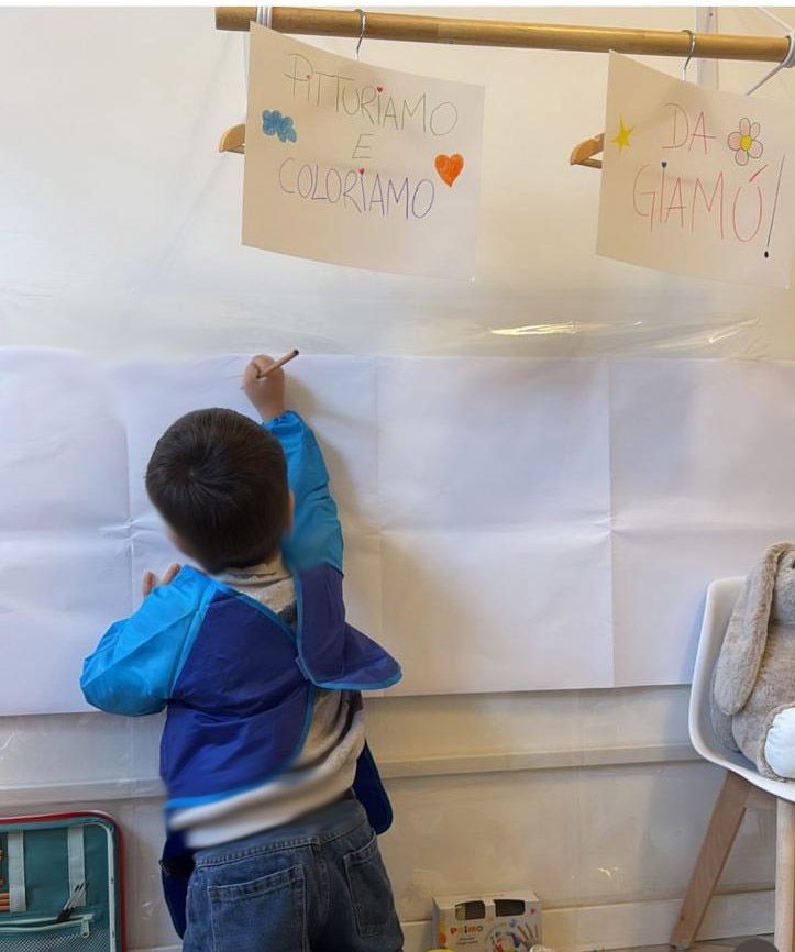 Un bambino piccolo disegna su una parete di carta bianca, vicino a cartelli, un coniglietto giocattolo e una borsa azzurra.