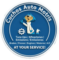 Logo for Cuchos Auto Motris with a cartoon cat, blue background, and car services listed.