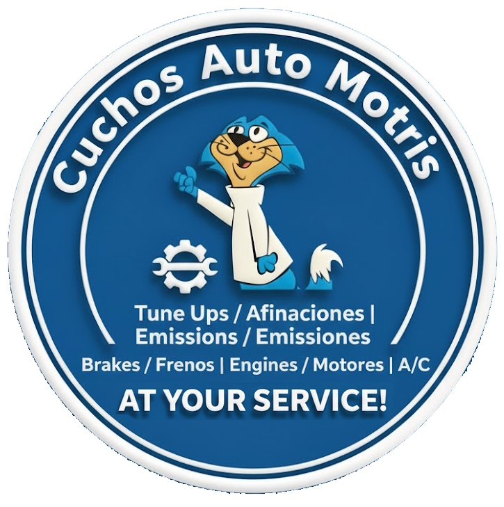 Logo for Cuchos Auto Motris with a cartoon cat, blue background, and car services listed.