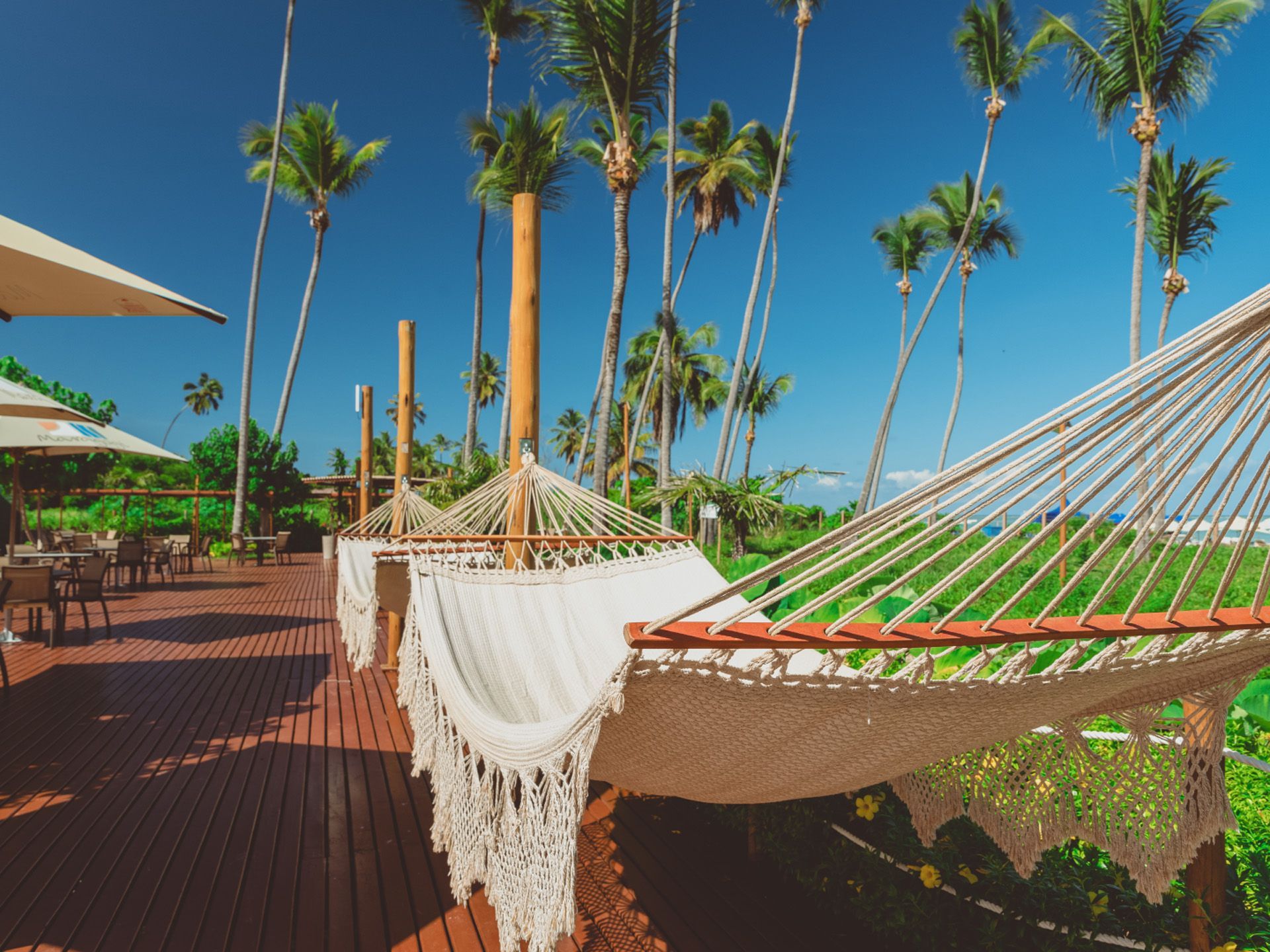 Quarto com janela grande com vista para a praia e o oceano azul. Cama branca, chapéu e óculos de sol.