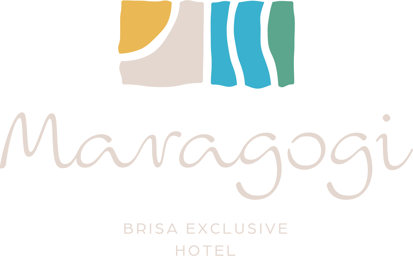 Logotipo do Maragogi Brisa Exclusive Resort; gráfico superior com blocos amarelos, creme, azuis e verdes; texto abaixo em cursivo azul-petróleo.