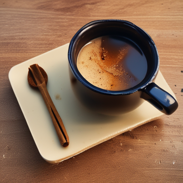 A cup of coffee on a saucer with a wooden spoon