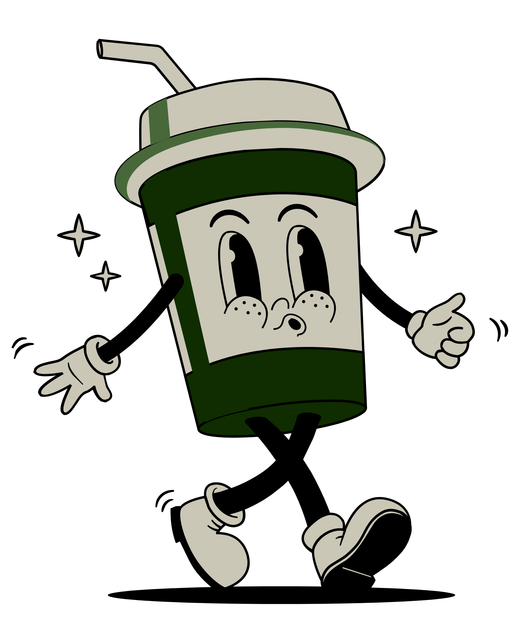 A cartoon drawing of a cup of coffee with arms and legs.