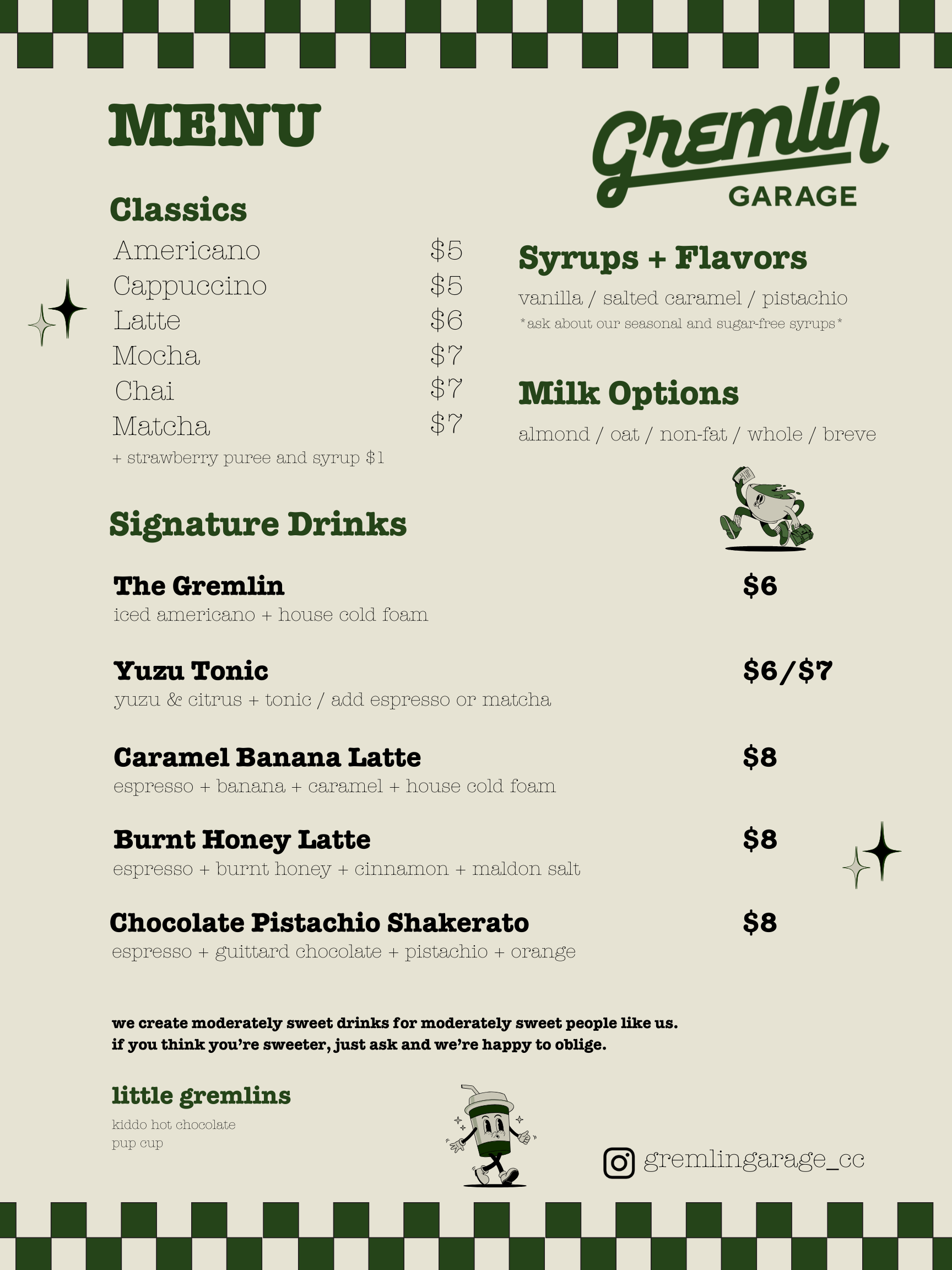 A menu for a restaurant called gremlin garage
