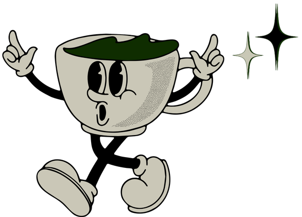 A cartoon drawing of a cup of coffee with arms and legs.