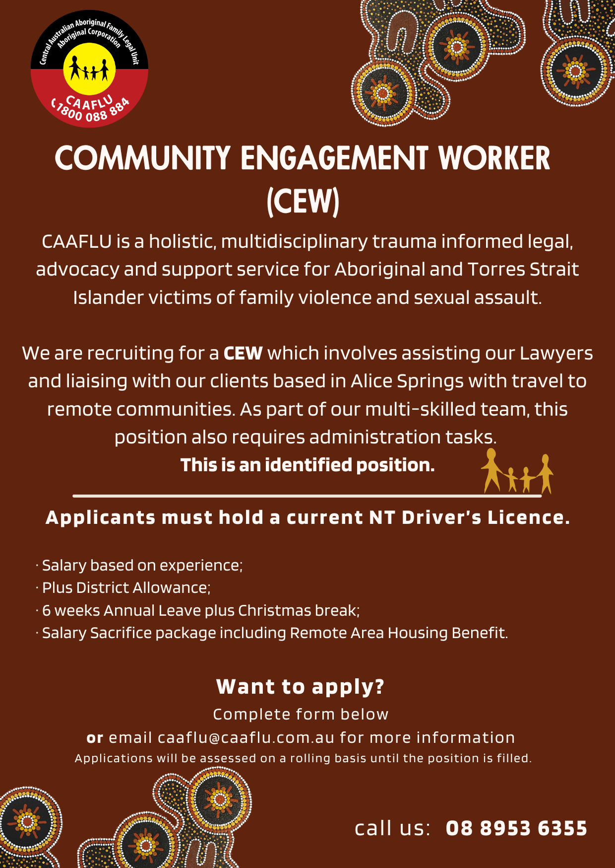 Job ad: Community Engagement Worker in Alice Springs. Requires NT Driver's License.