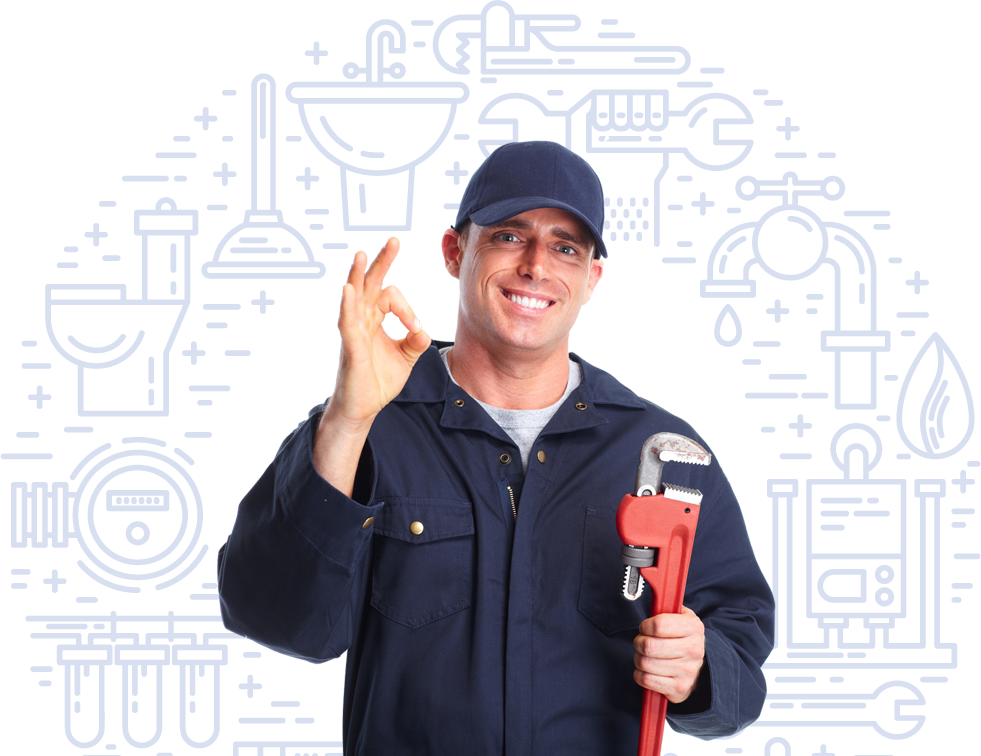 A plumber is holding a wrench and giving an ok sign.