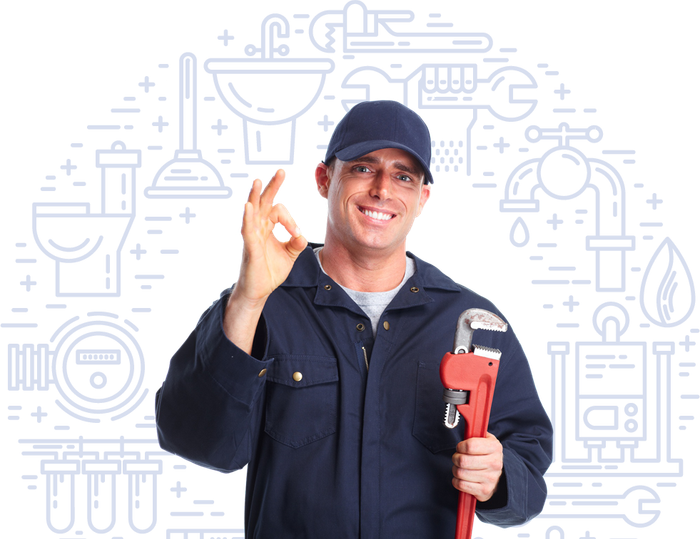 A plumber is holding a wrench and giving an ok sign.