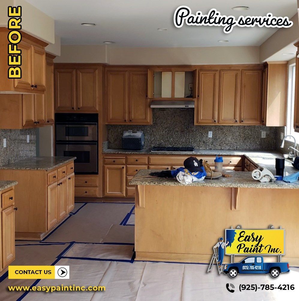 Before and after view of a kitchen, with wood cabinets. Paint services ad shows preparation for painting.