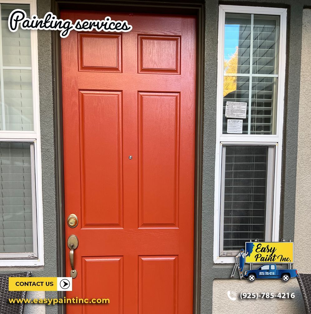 Red painted door, windows, and exterior of a building with Easy Paint Inc. logo for painting services.