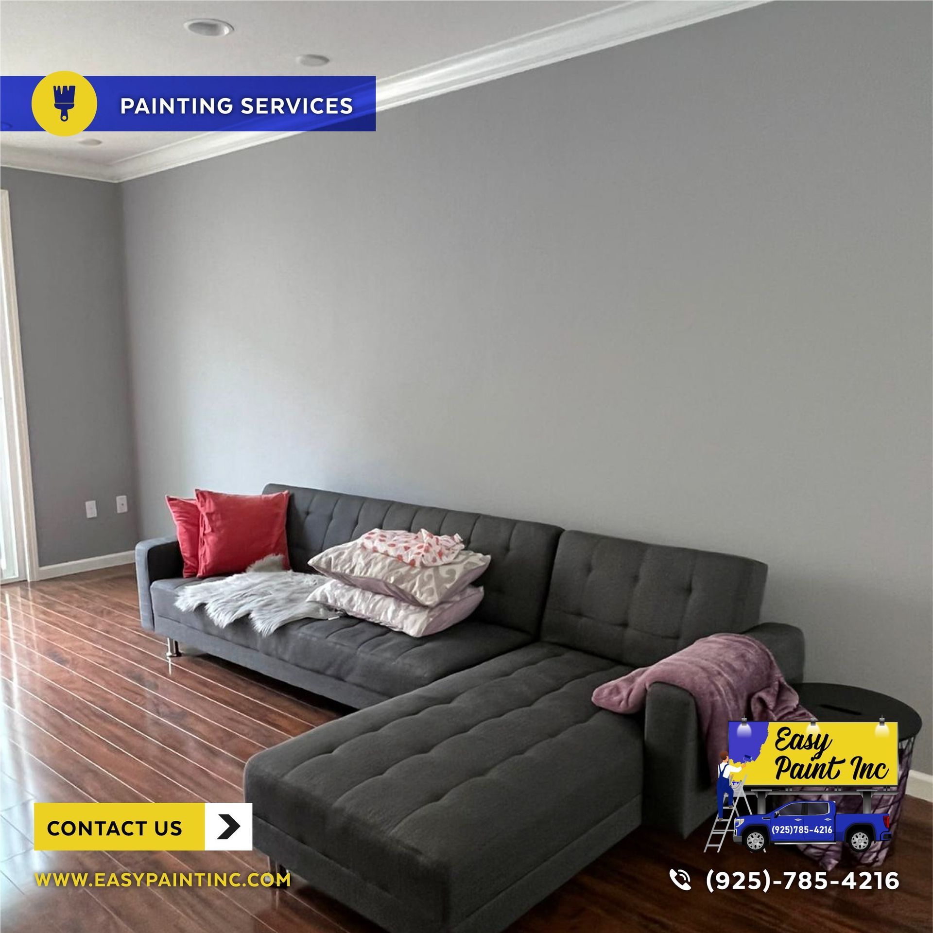 Gray living room with sectional sofa and red pillows; painting services advertisement.