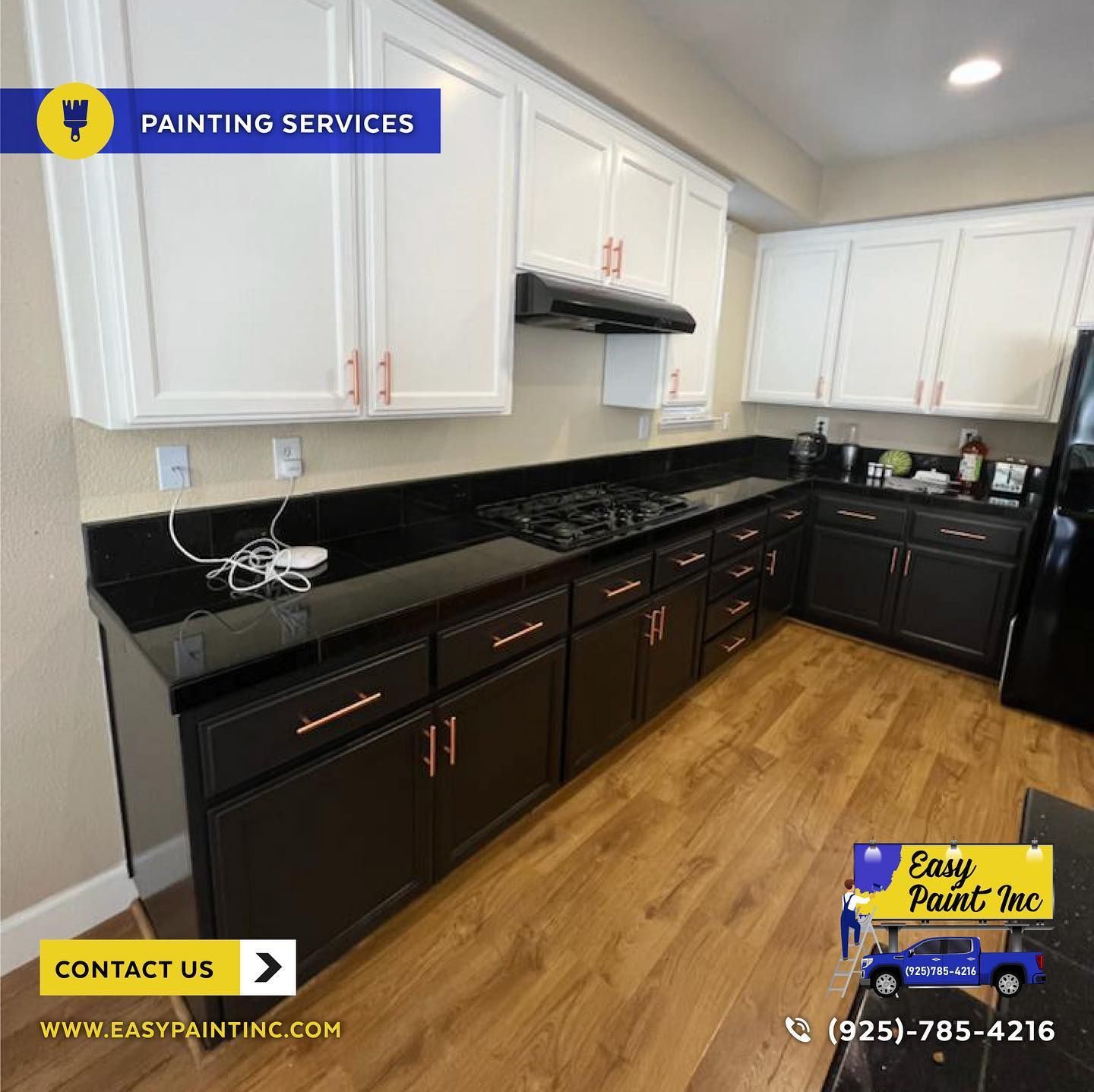 Kitchen with white upper and dark brown lower cabinets, granite countertop, copper hardware, and wood-look flooring.