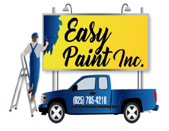 Blue truck and billboard with "Easy Paint Inc." logo. Painter on ladder, rolling blue paint.
