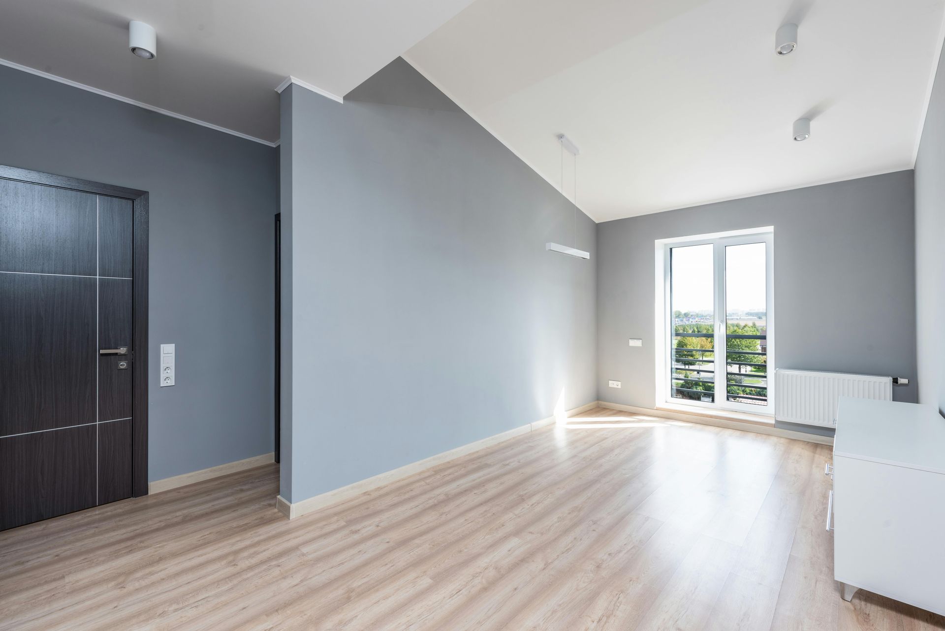 Empty room with gray walls, wood floor, and a door. Natural light streams in from a window.