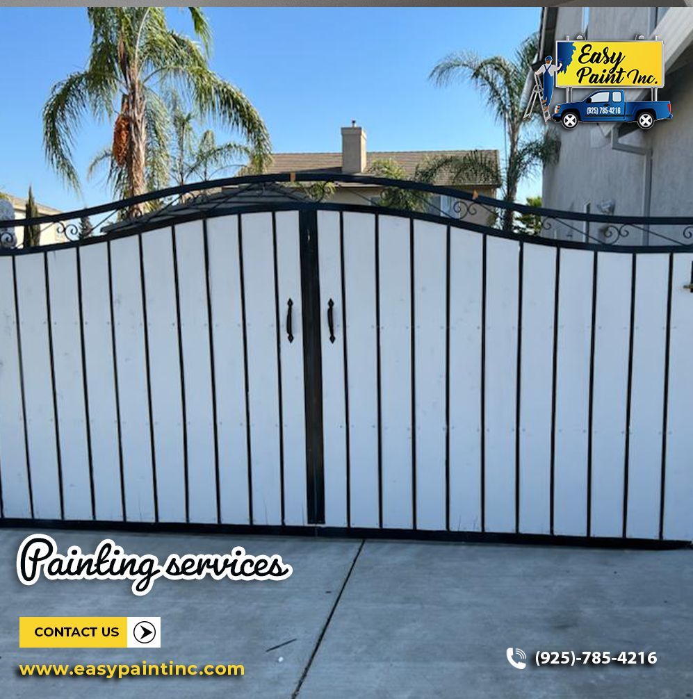 White-painted gate with black accents, Easy Paint Inc. logo in the corner, 