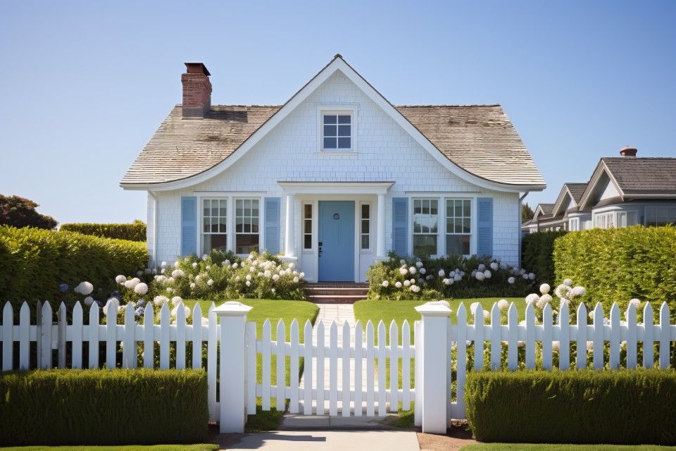 White cottage with blue shutters, door, and white picket fence on a sunny day.