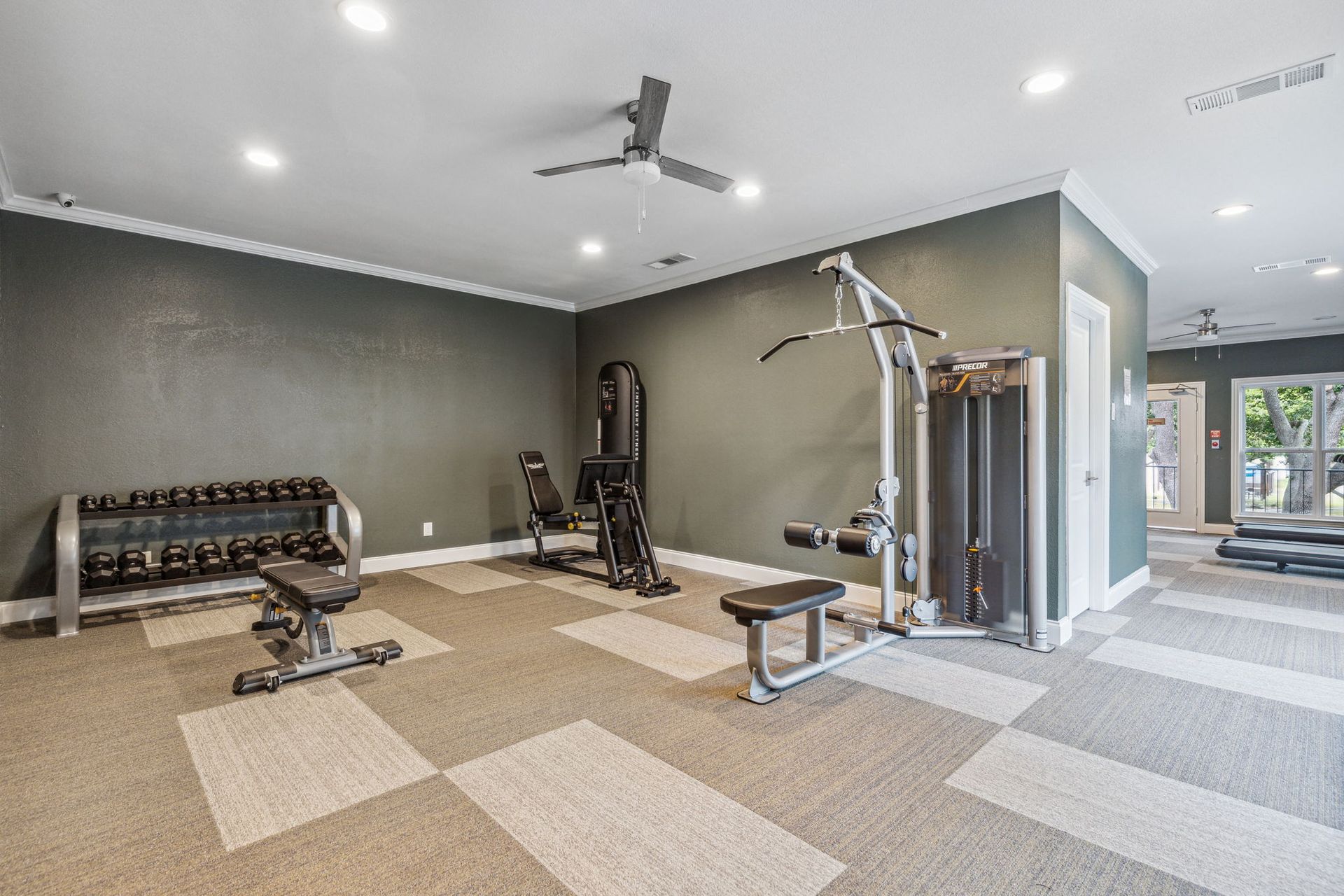 Gym with weight machines, dumbbells, and exercise benches on a patterned carpet floor.
