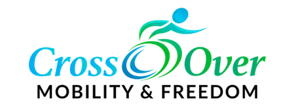 the logo for cross over mobility and freedom shows a person riding a bike .