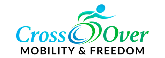 the logo for cross over mobility and freedom shows a person riding a bike .