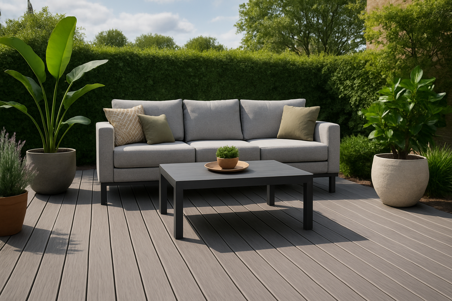 Stylish outdoor living area with modern composite decking from EcoDeck Scotland, seating, and potted plants