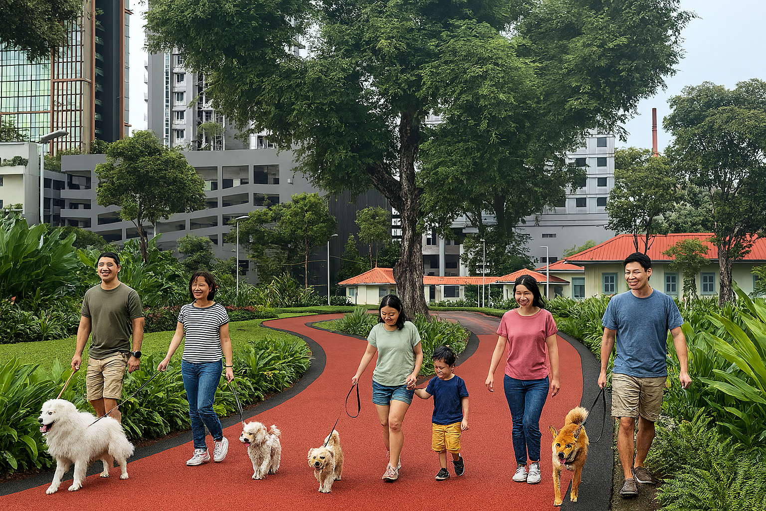 People walking dogs on a red path in a park; trees, buildings in the background.