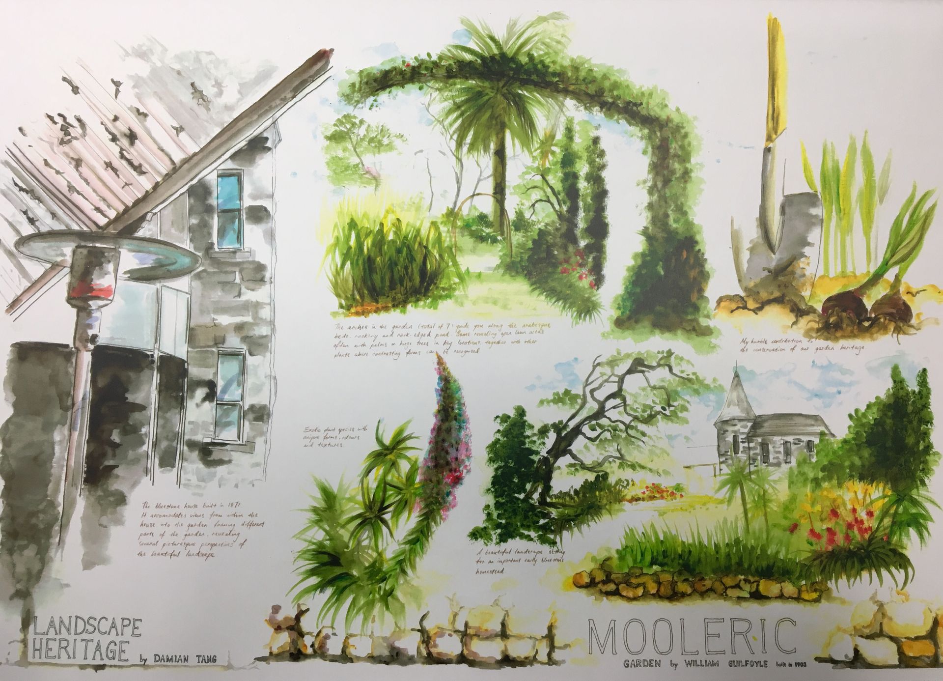 Watercolor sketches of outdoor scenes, including architecture and vegetation, with the word 