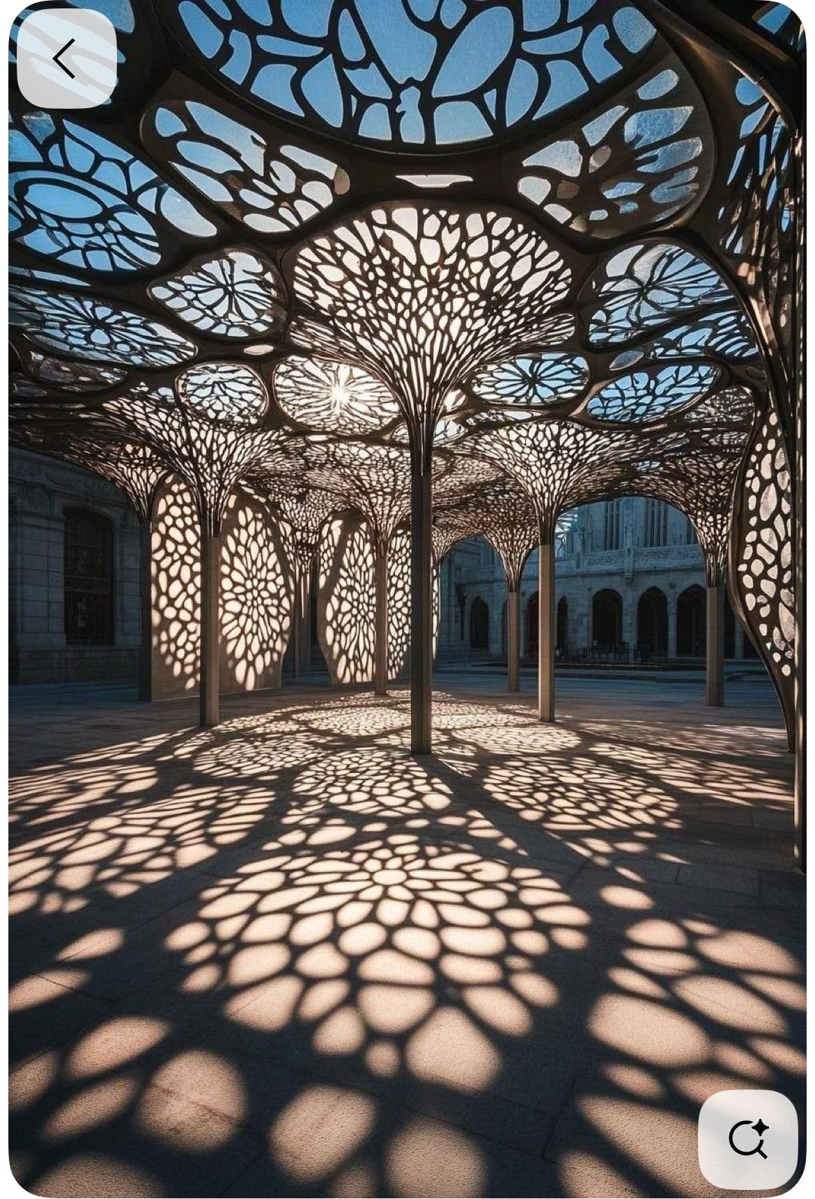 Shadows cast by a canopy of intricate patterns, creating a beautiful light display in an outdoor courtyard.