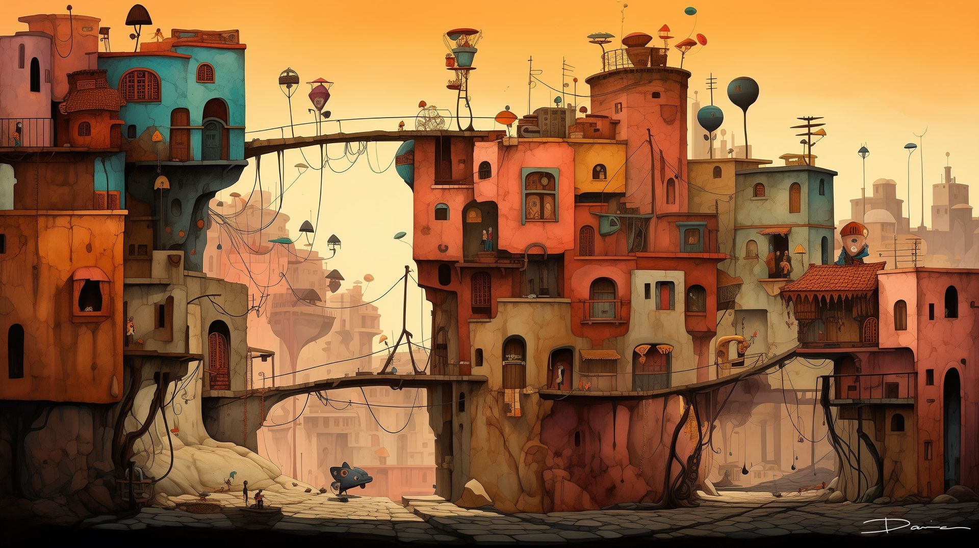 Colorful, tiered buildings with bridges against an orange sky. Some buildings have whimsical towers and balloons.