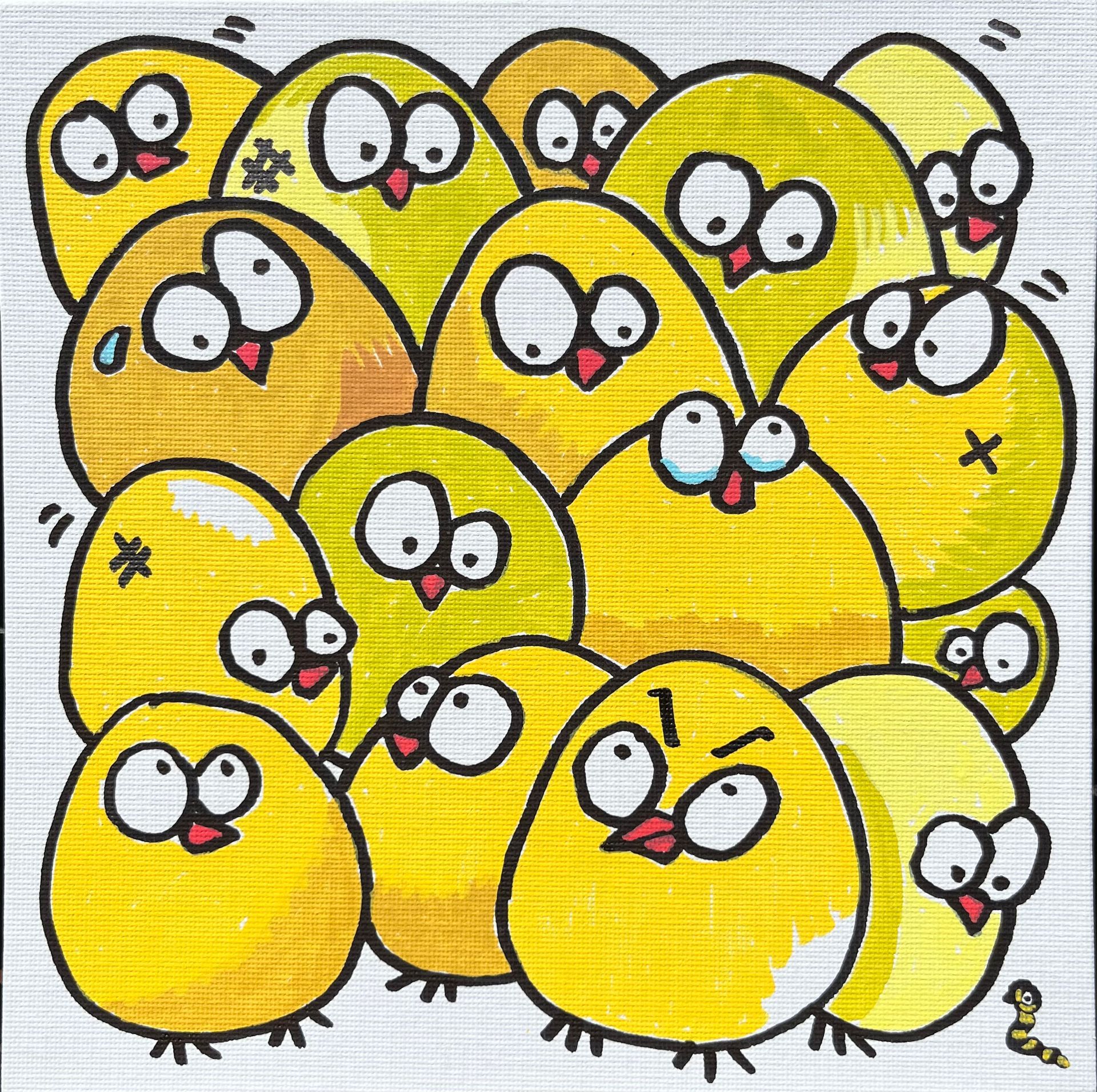 Yellow chicks with various expressions clustered together.