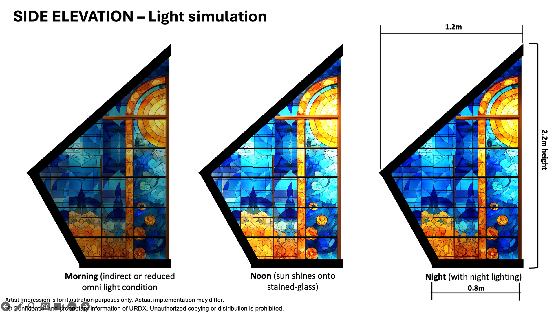 Side elevation of stained glass windows: morning, noon, and artificial light simulations. The windows feature a blue, gold, and orange design.