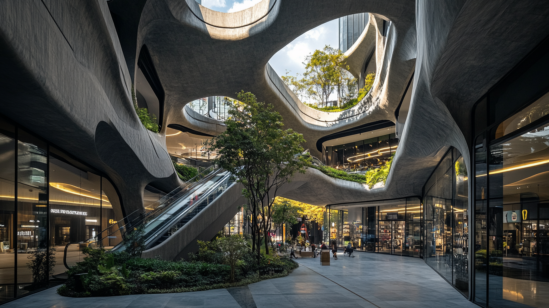 Integrated resport shopping mall interior with organic, flowing concrete architecture, skylights, and greenery. 