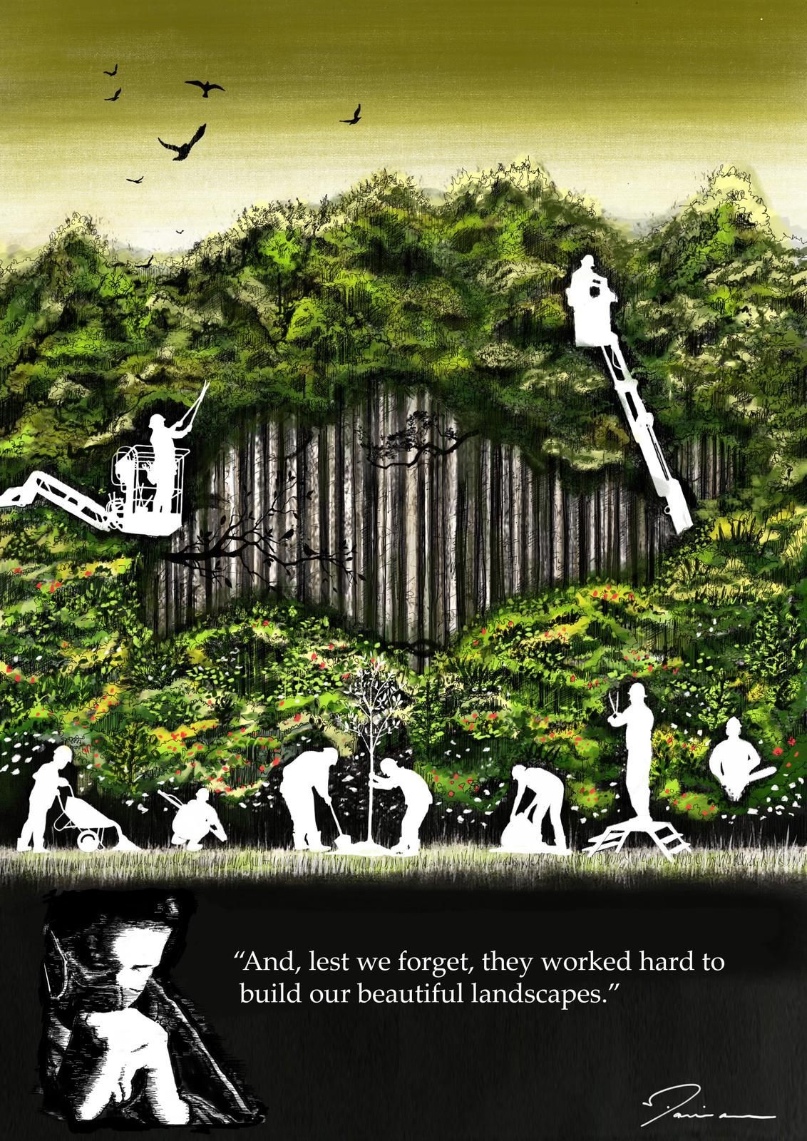 People planting trees and working on a forest landscape. Silhouette of workers, green and black, with a quote.
