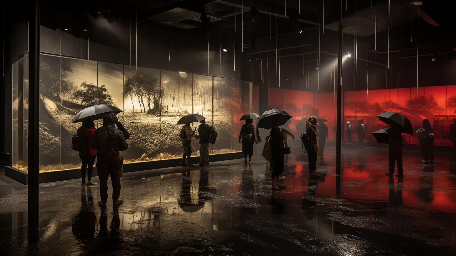 People with umbrellas experiencing a climate change gallery. Rain falls, red and neutral lighting.