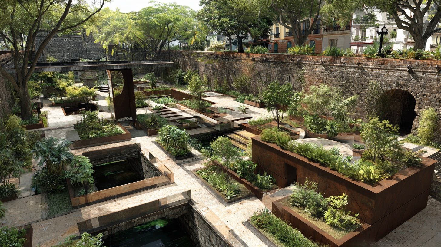 A tranquil, sunken garden with rectangular planters, water features, and stone walls. Trees provide shade.