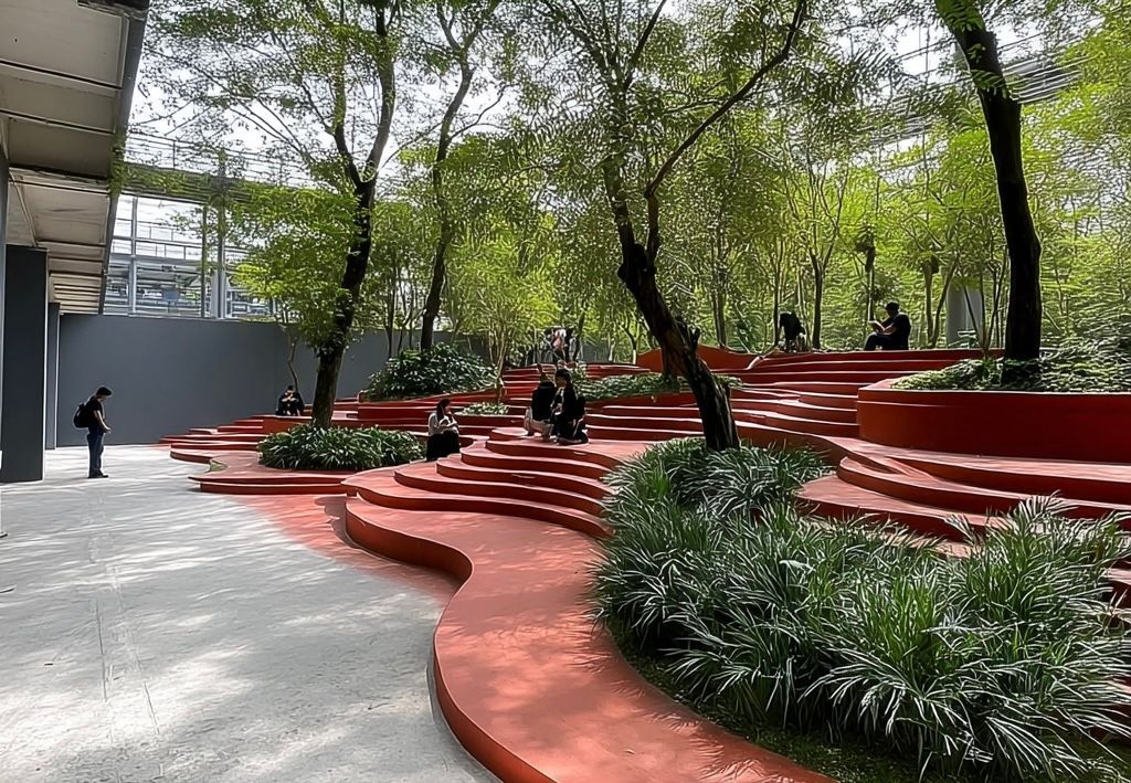 Red tiered benches in a park with trees, people, and white gravel. A building is visible on the left.