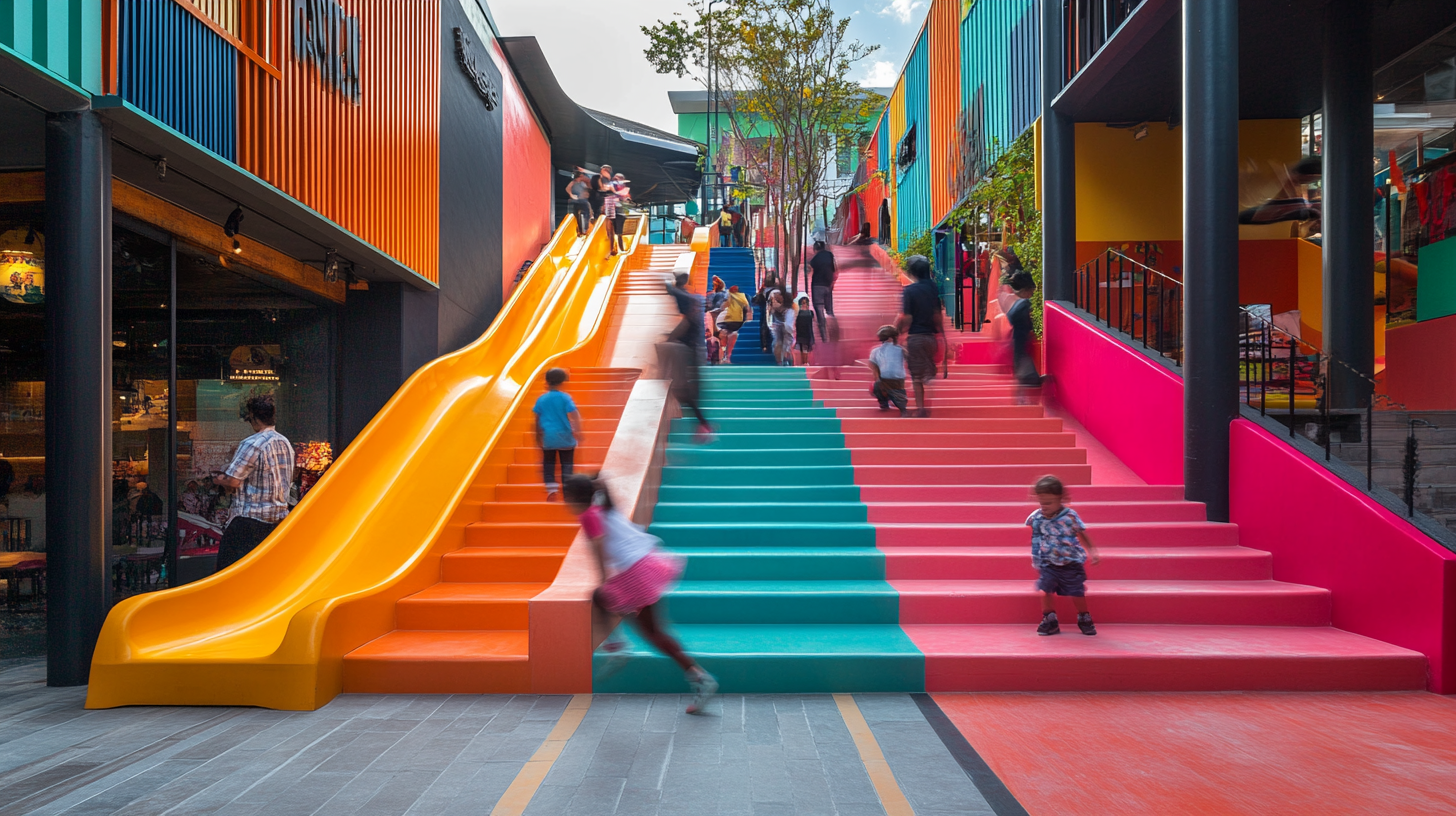 Colorful outdoor stairway and slide; people walking and sliding.