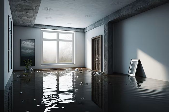 Flooded room with water reflecting the window light, a door, and a leaning framed picture.