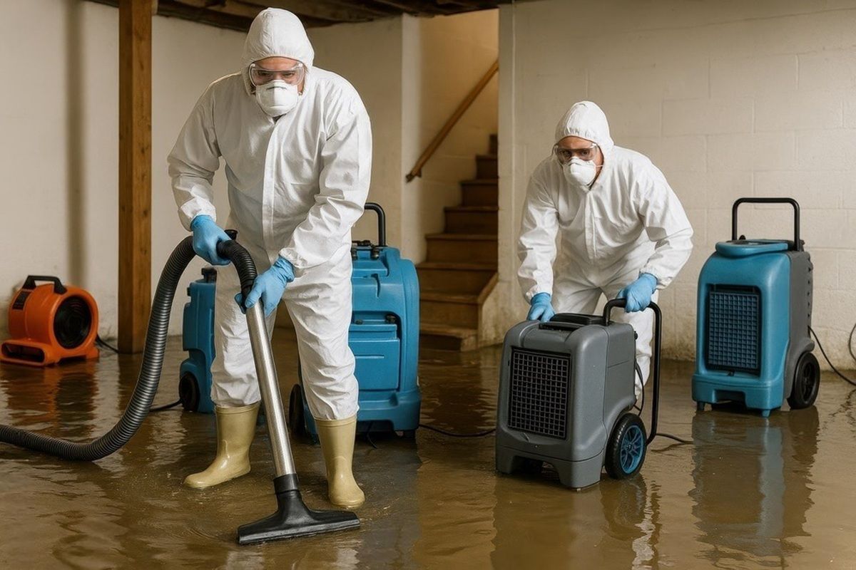 Two people in hazmat suits cleaning up a flooded basement with vacuum and dehumidifier.